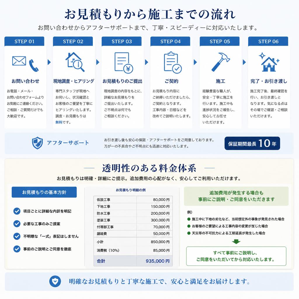 施工の流れと安心の価格設定